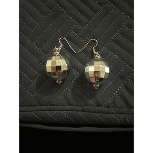 Disco Ball Earrings Silver Tone Dangle Drop Party Fun Statement‎